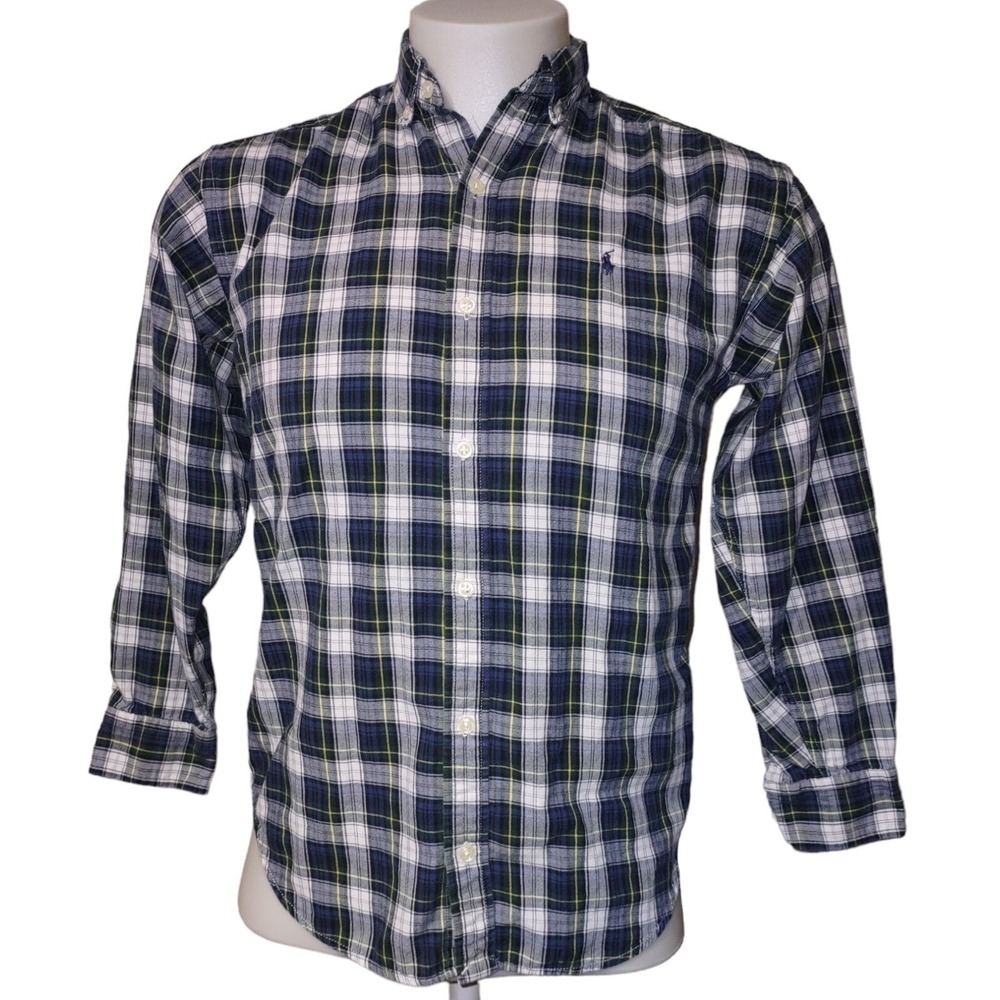 Ralph Lauren Women's Shirt Large Blue Plaid Button Up Collared Logo Long Sleeve.